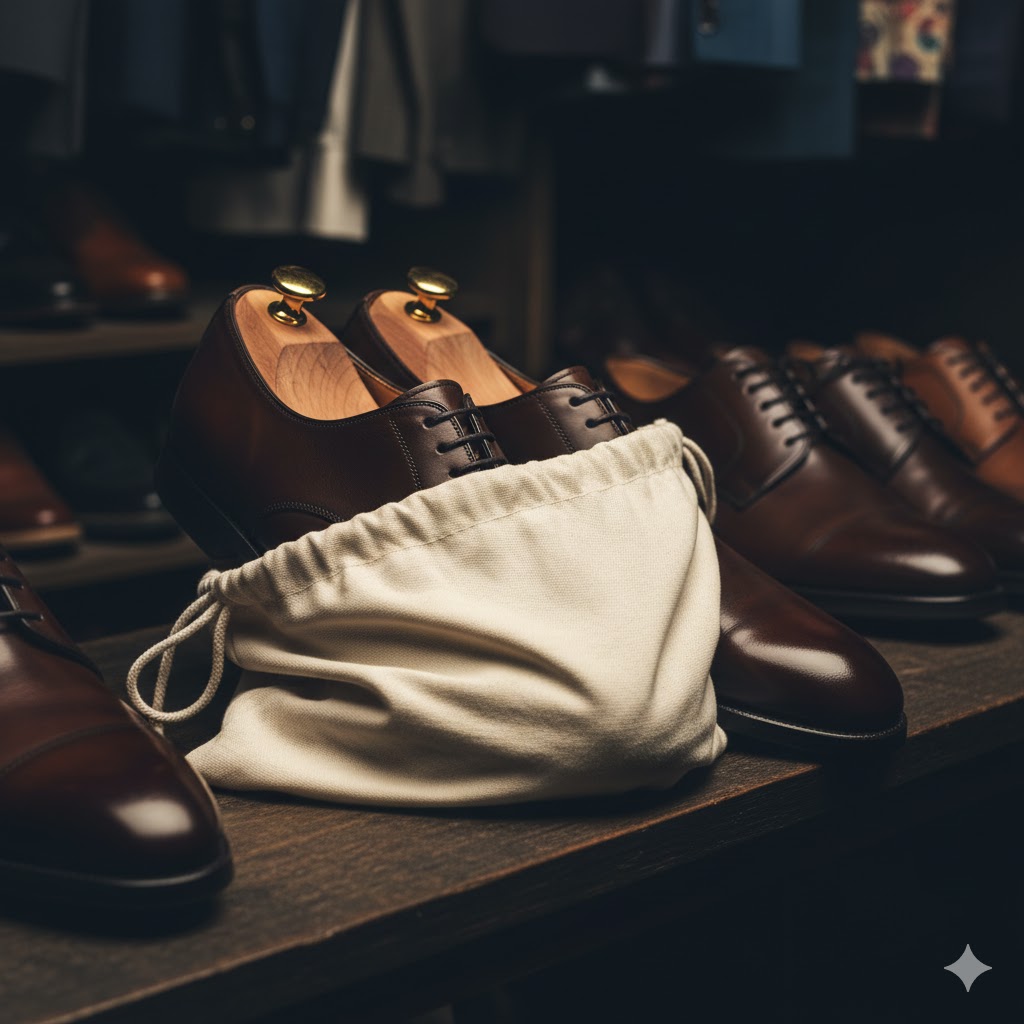 Leather shoes stored inside a breathable dust bag with cedar shoe trees