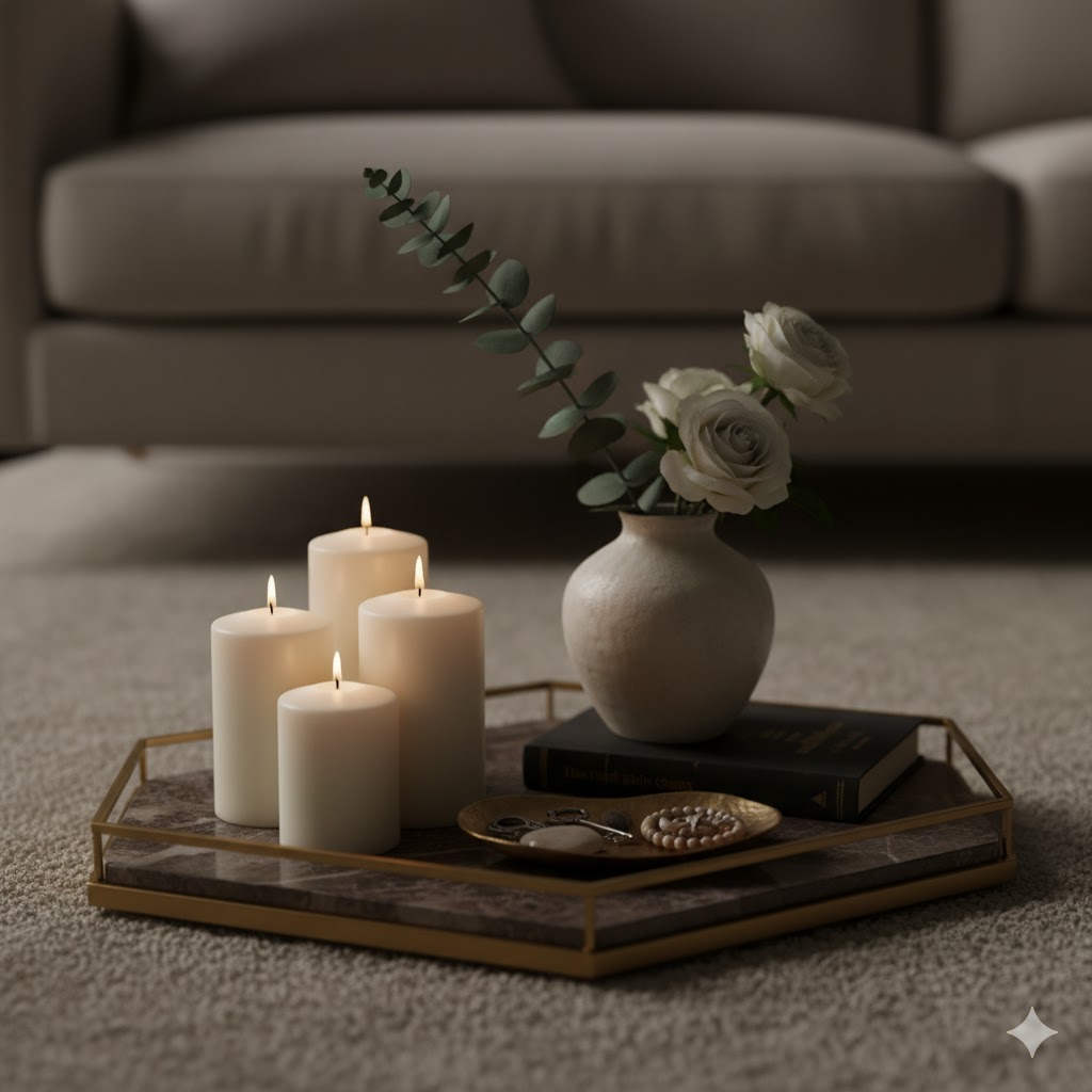 Luxury decorative tray grouping candles, vase, and small accessories