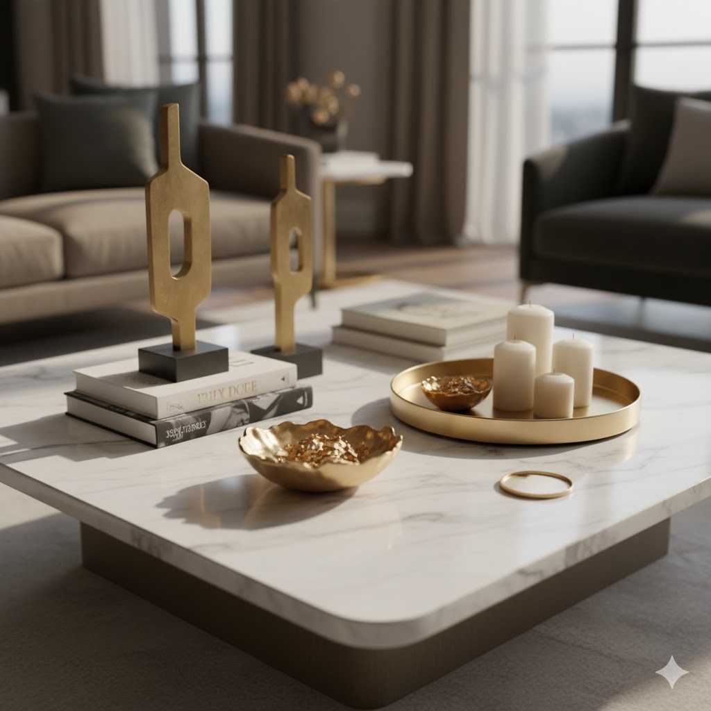 Luxury marble-top table styled with gold décor and designer books