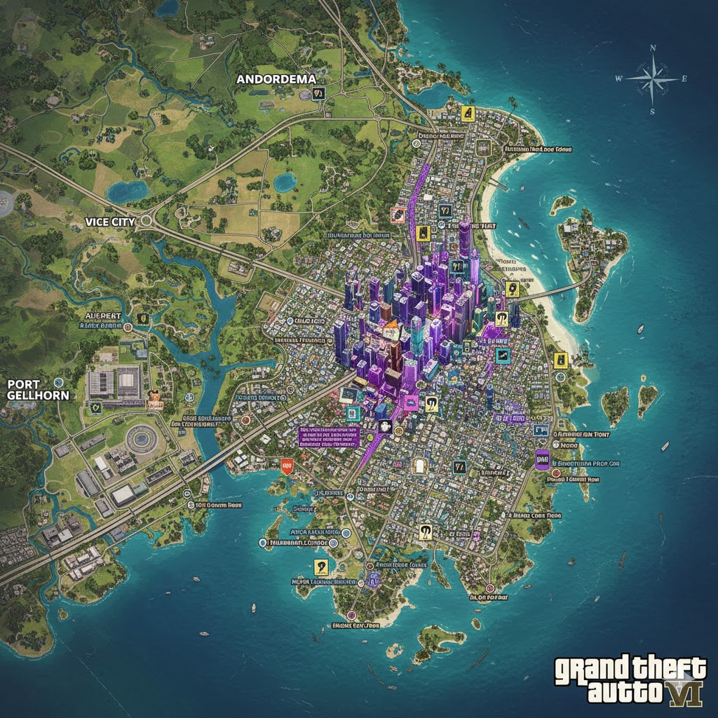 Map-style concept art of GTA 6’s Florida-inspired landscape