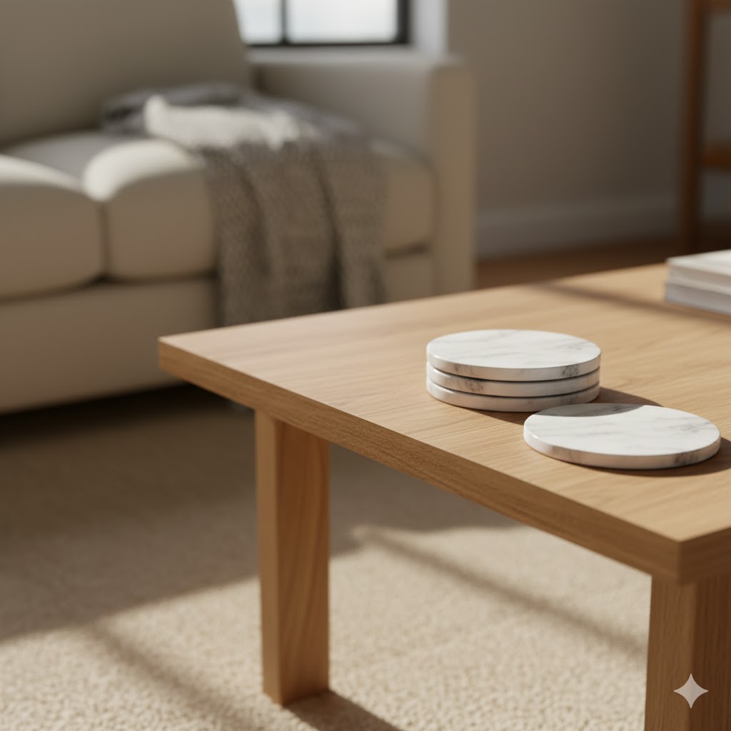 Marble coasters stacked neatly on modern table