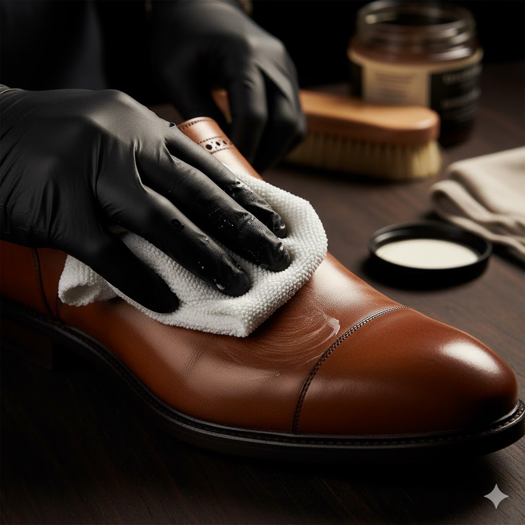 Microfiber cloth applying leather cleaner onto a brown leather shoe