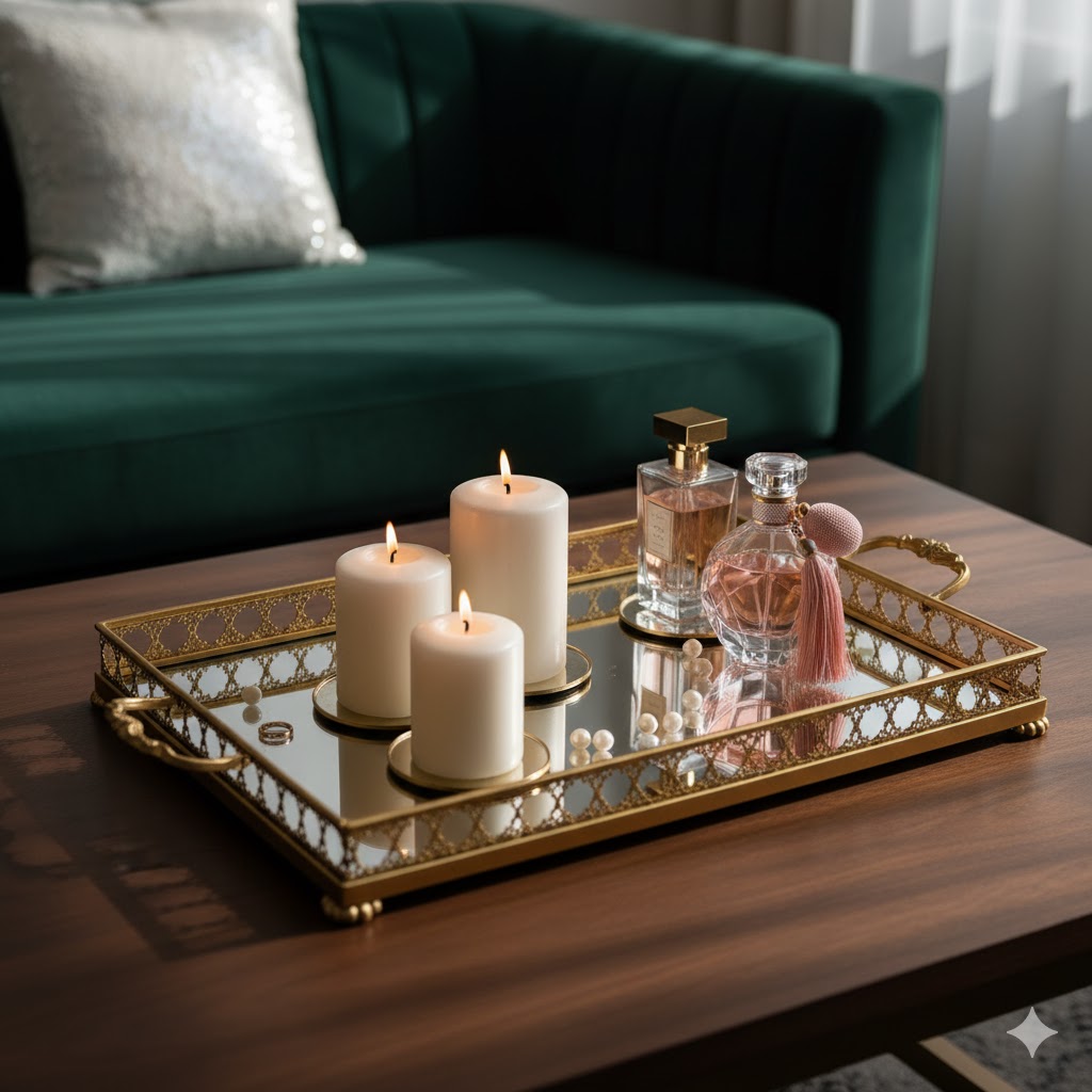 Mirror tray with candles and perfume bottles for glam decor