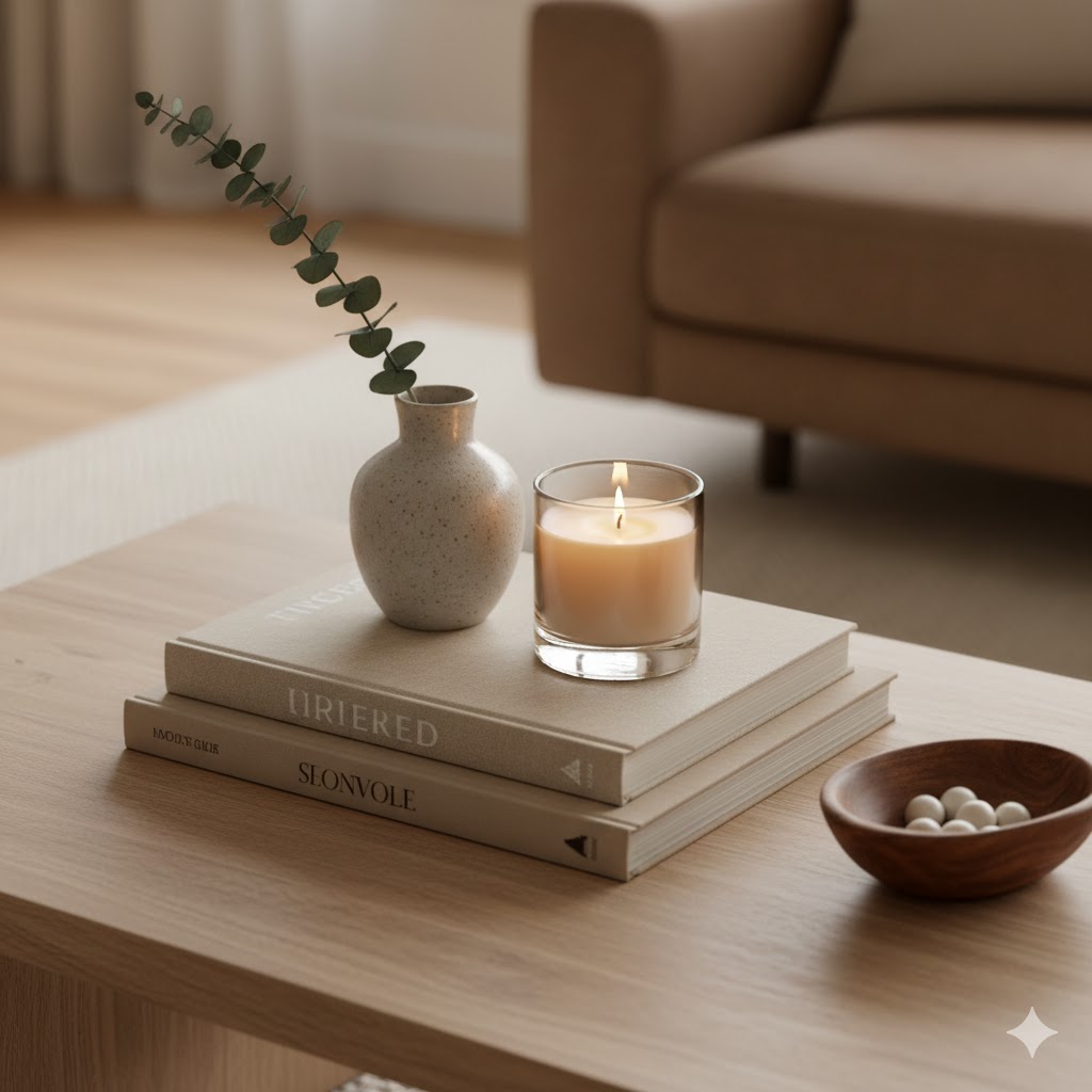 Mixed textures including wood, ceramic, and glass on coffee table