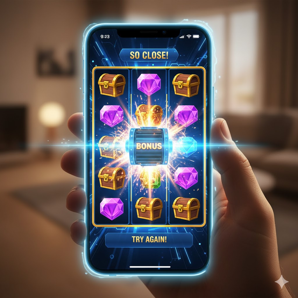 Mobile slot gaming screen showing bonus animation with an almost-win effect. Mobile slot gaming screen showing bonus animation with an almost-win effect.