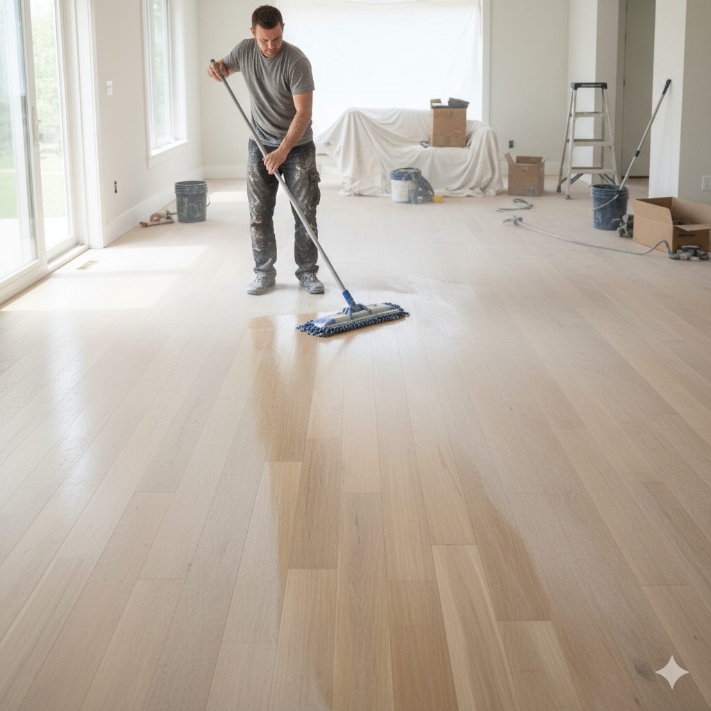 Mopping hardwood floors after home renovation dust