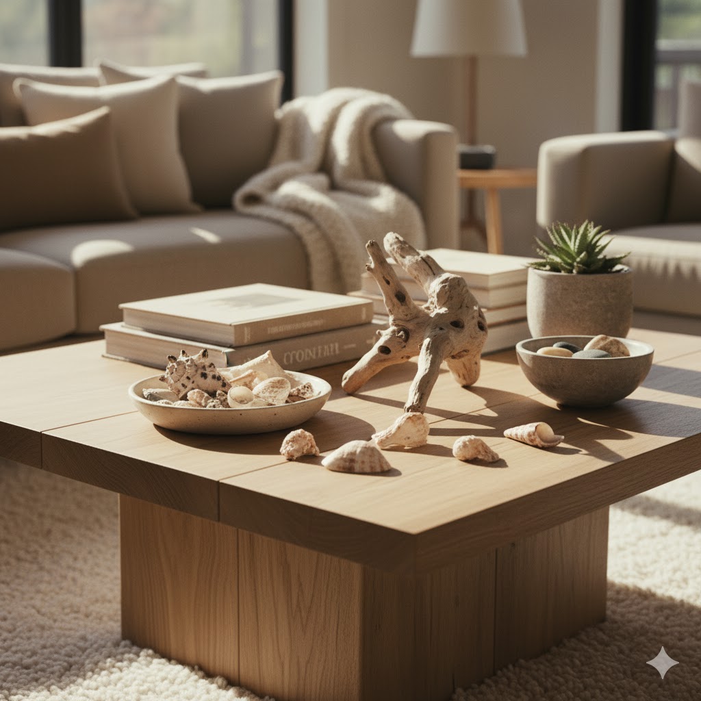 Natural elements like wood and shells on table.