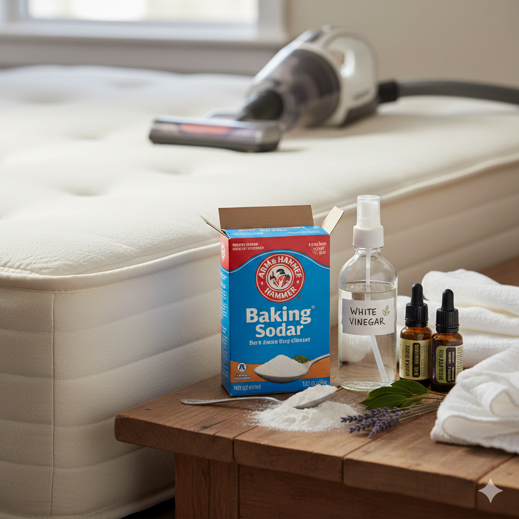 Natural mattress cleaning supplies including baking soda, vinegar, and essential oils