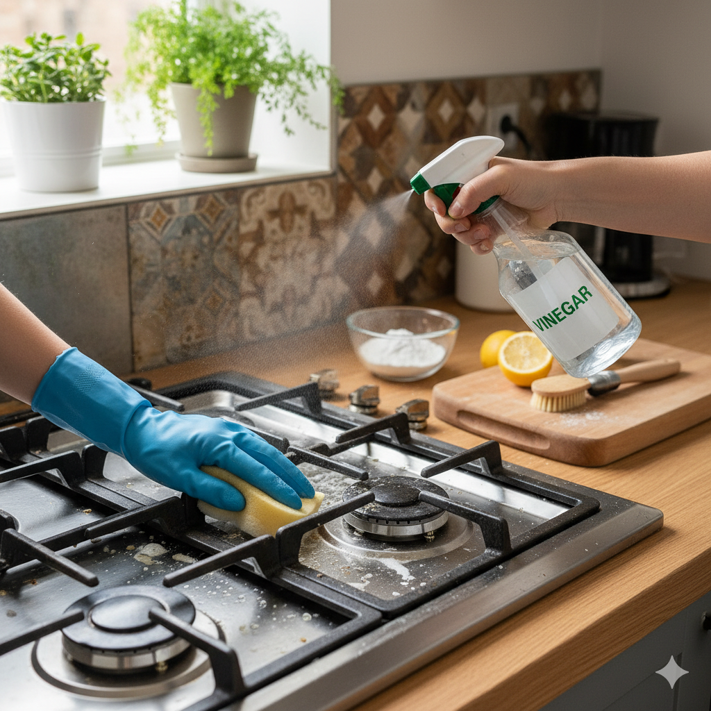 Non-toxic stove cleaning with vinegar