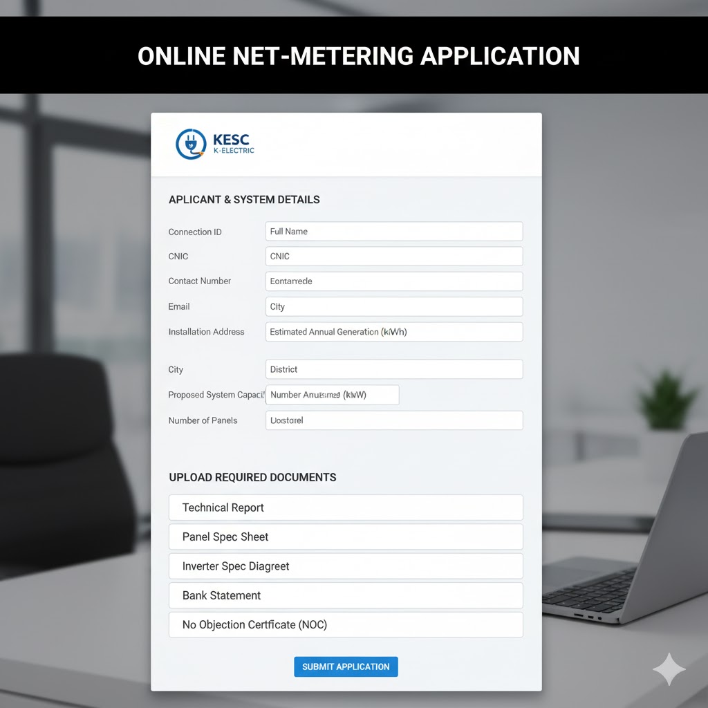 Online portal interface for submitting a net-metering application to LESCO or K-Electric. Online portal interface for submitting a net-metering application to LESCO or K-Electric.