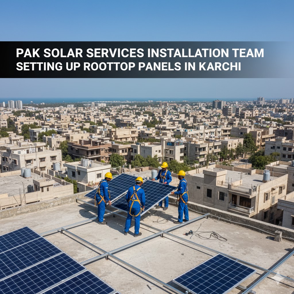 Pak Solar Services installation team setting up rooftop panels in Karachi