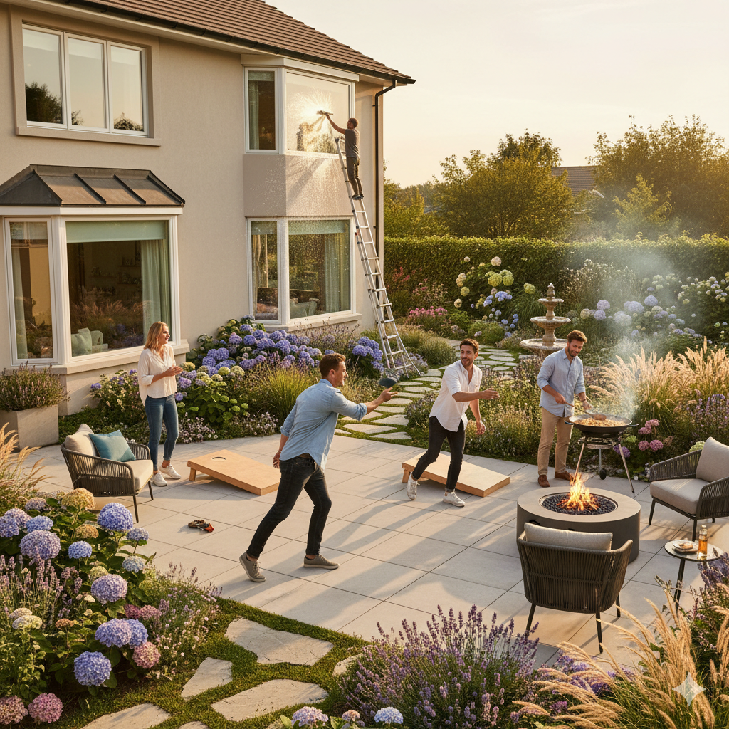 Patios, garden, and window-cleaning action shots