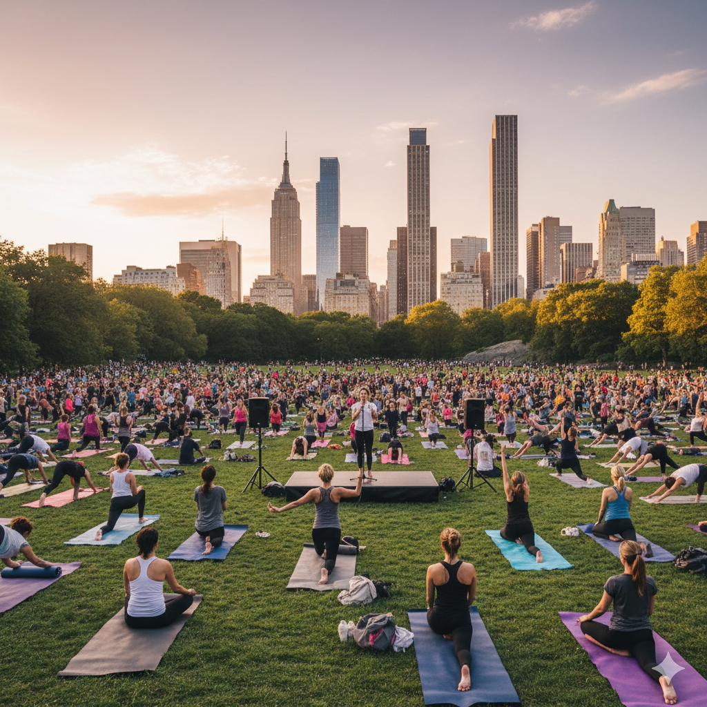 People practicing yoga on green grass in Central Park with skyline view