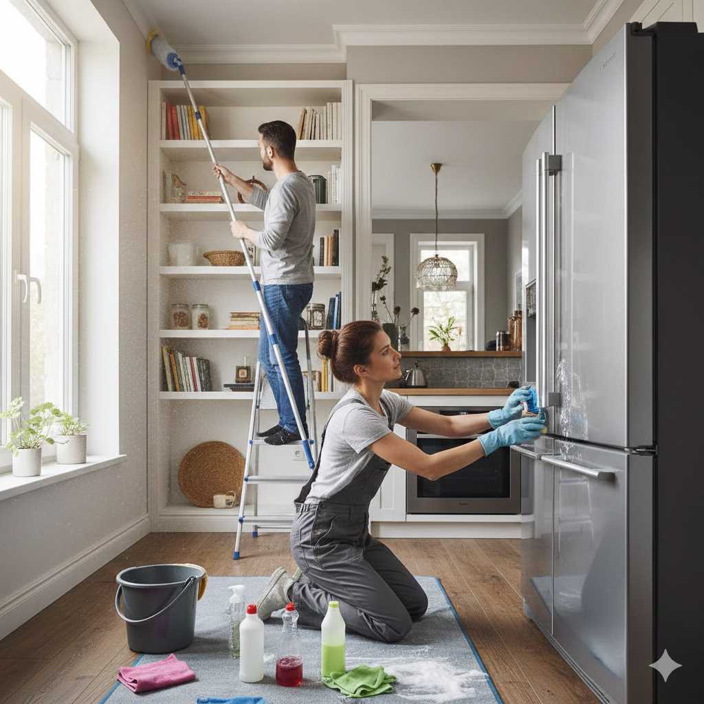Person deep cleaning appliances and dusting high areas