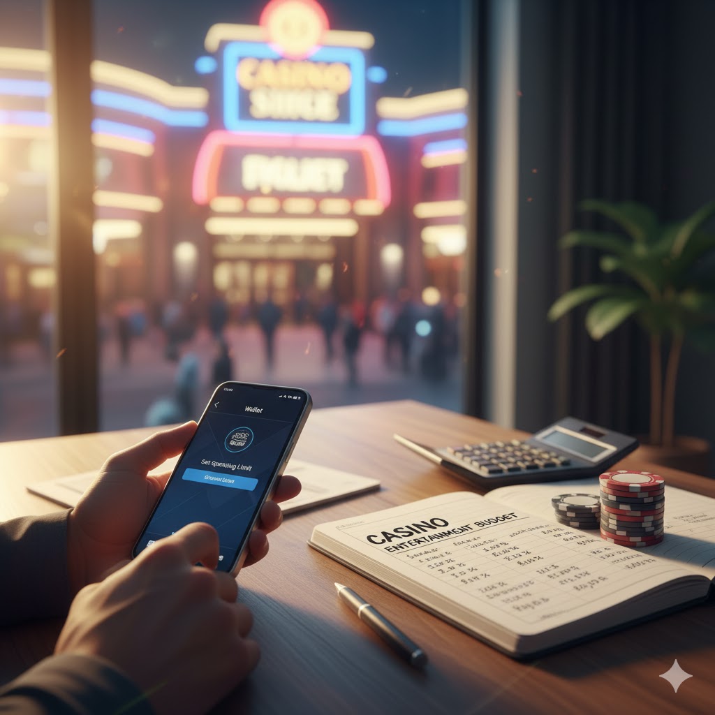 Person setting gambling budget with notebook and calculator before entering a casino. 