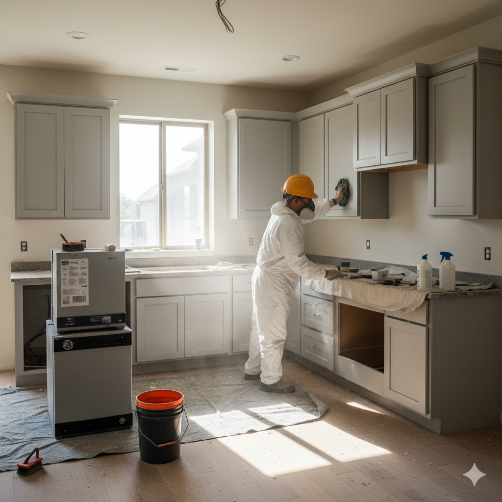 Person wiping down cabinets during post construction cleaning