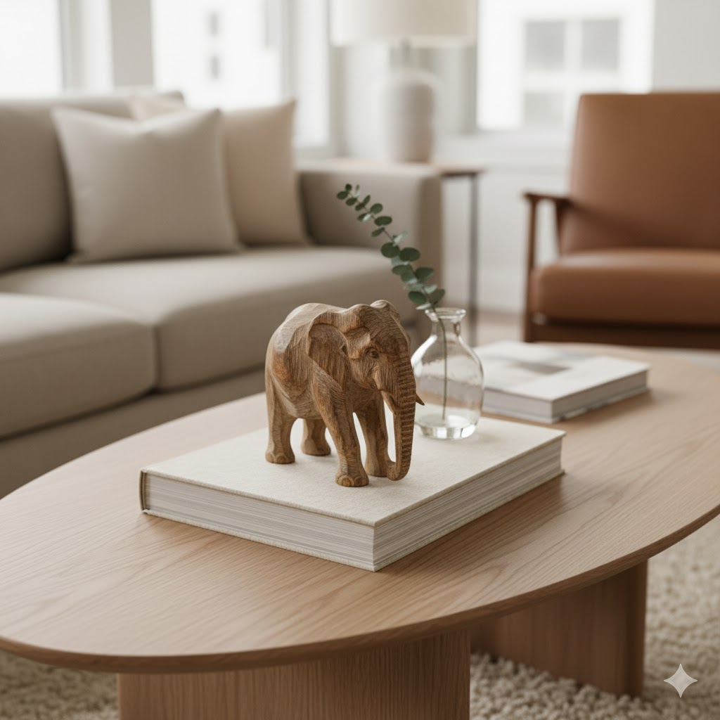 Personal travel souvenir displayed on coffee table.