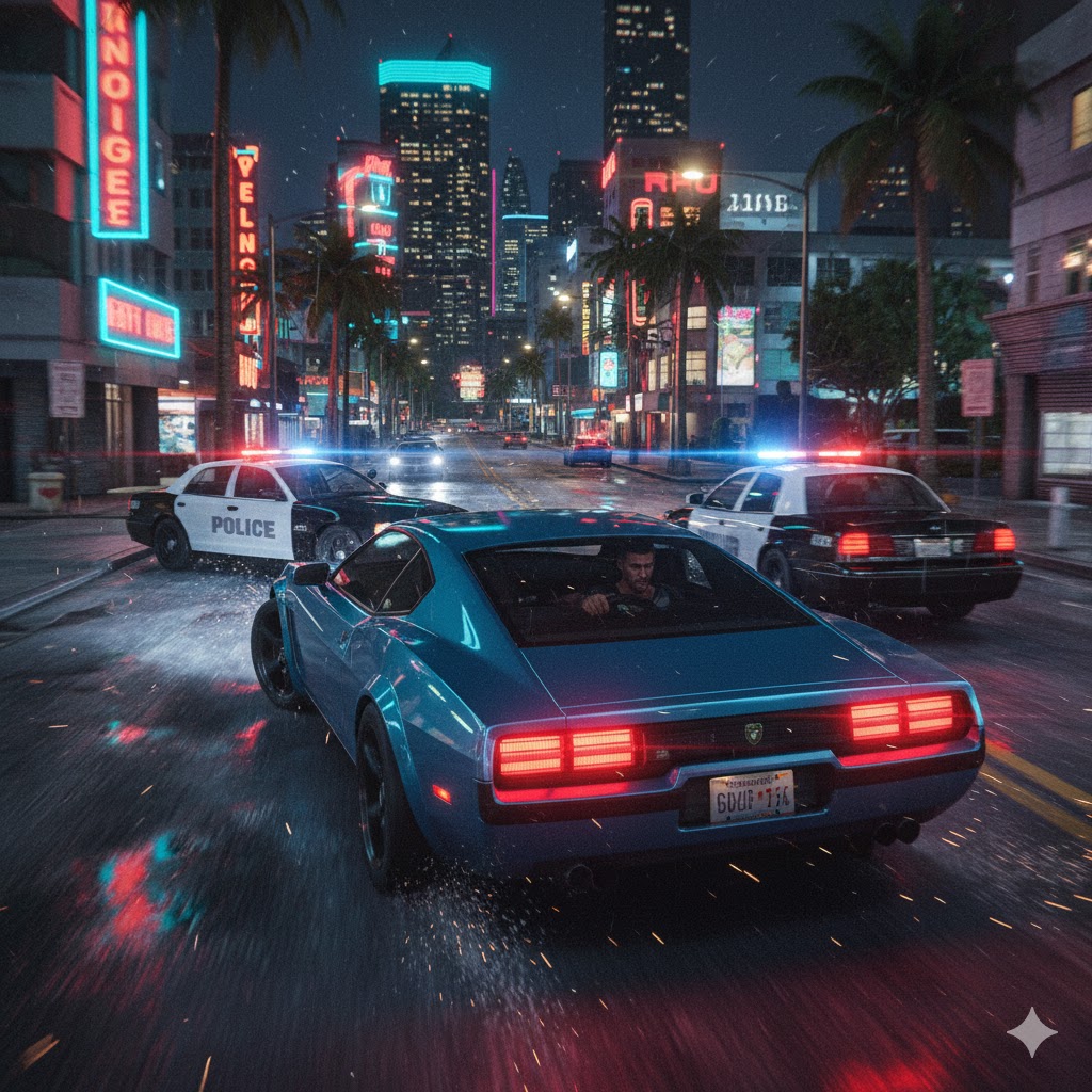 Player driving sports car in GTA 6 during high-speed chase