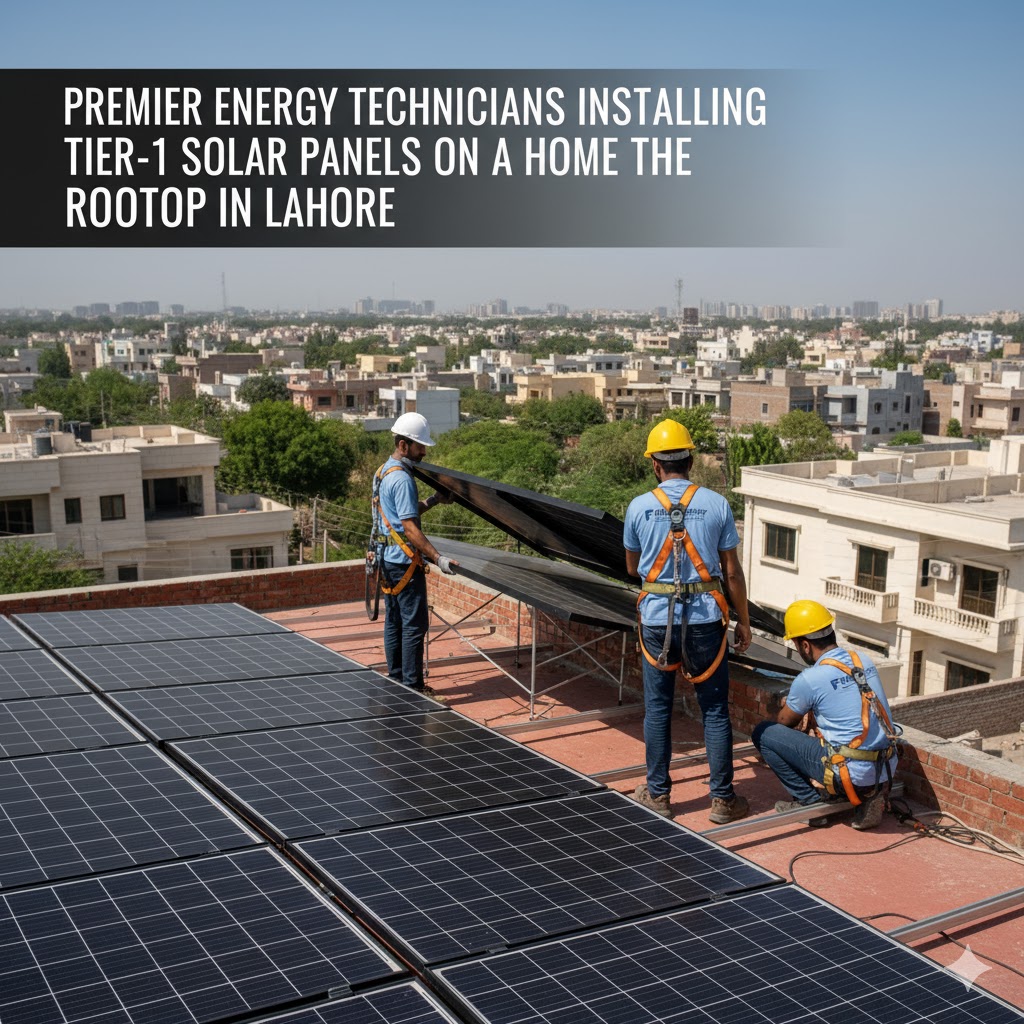 Premier Energy technicians installing Tier-1 solar panels on a home rooftop in Lahore