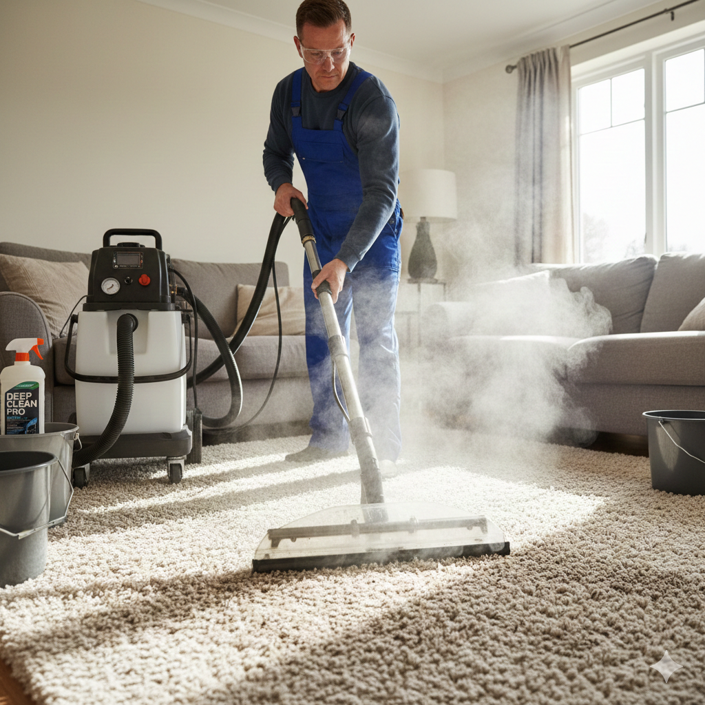 Professional carpet steam cleaning with hot water extraction machine for deep dirt removal