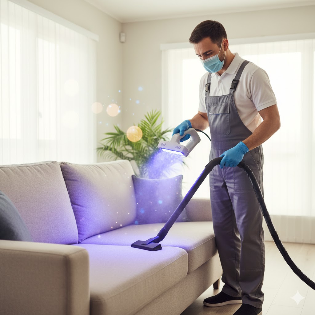 Professional cleaner using UV-C device and HEPA vacuum for deep home allergen treatment Professional cleaner using UV-C device and HEPA vacuum for deep home allergen treatment
