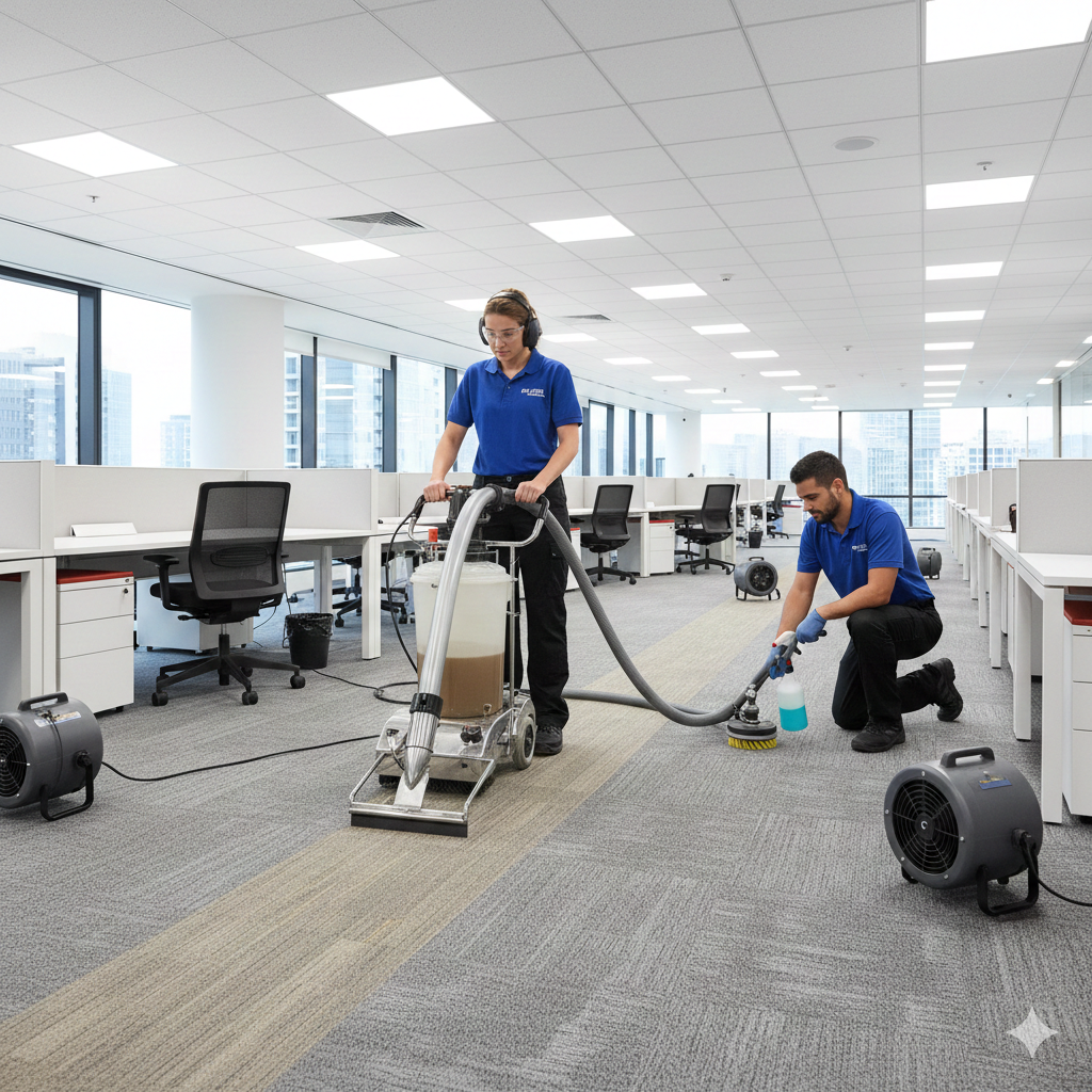 Professional deep carpet cleaning in a corporate office