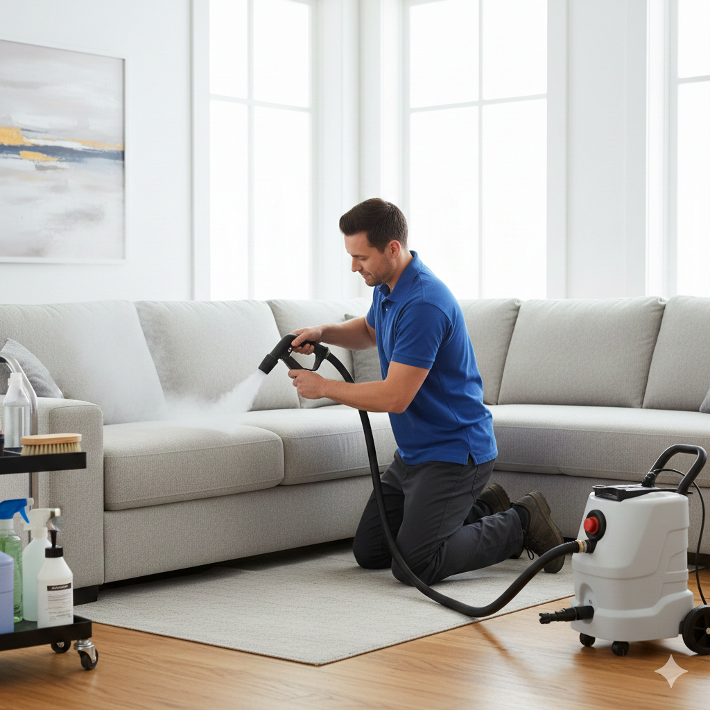 Professional sofa cleaner using steam machine