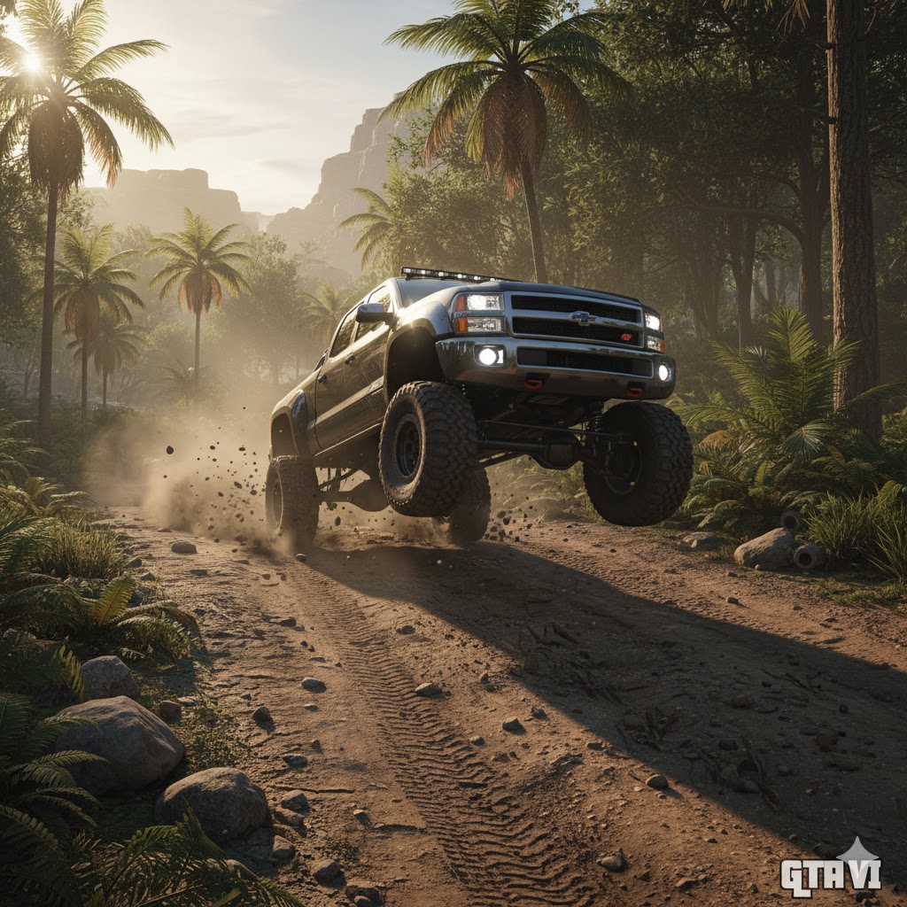 Realistic off-road driving physics in GTA 6 shown on a dirt trail. Realistic off-road driving physics in GTA 6 shown on a dirt trail.