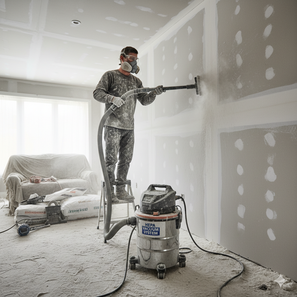 Removing construction dust from walls with HEPA vacuum 