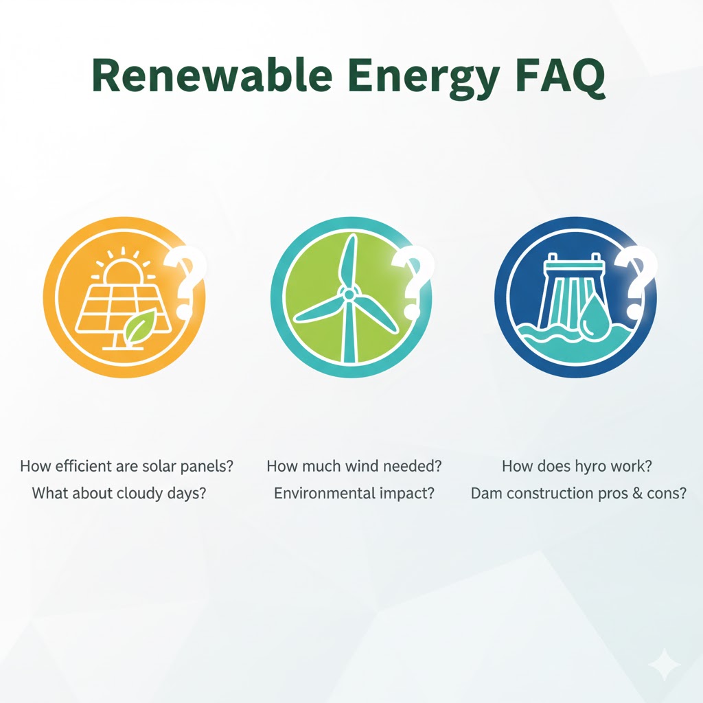 Renewable energy FAQ icons illustrating solar, wind, and hydropower questions Renewable energy FAQ icons illustrating solar, wind, and hydropower questions