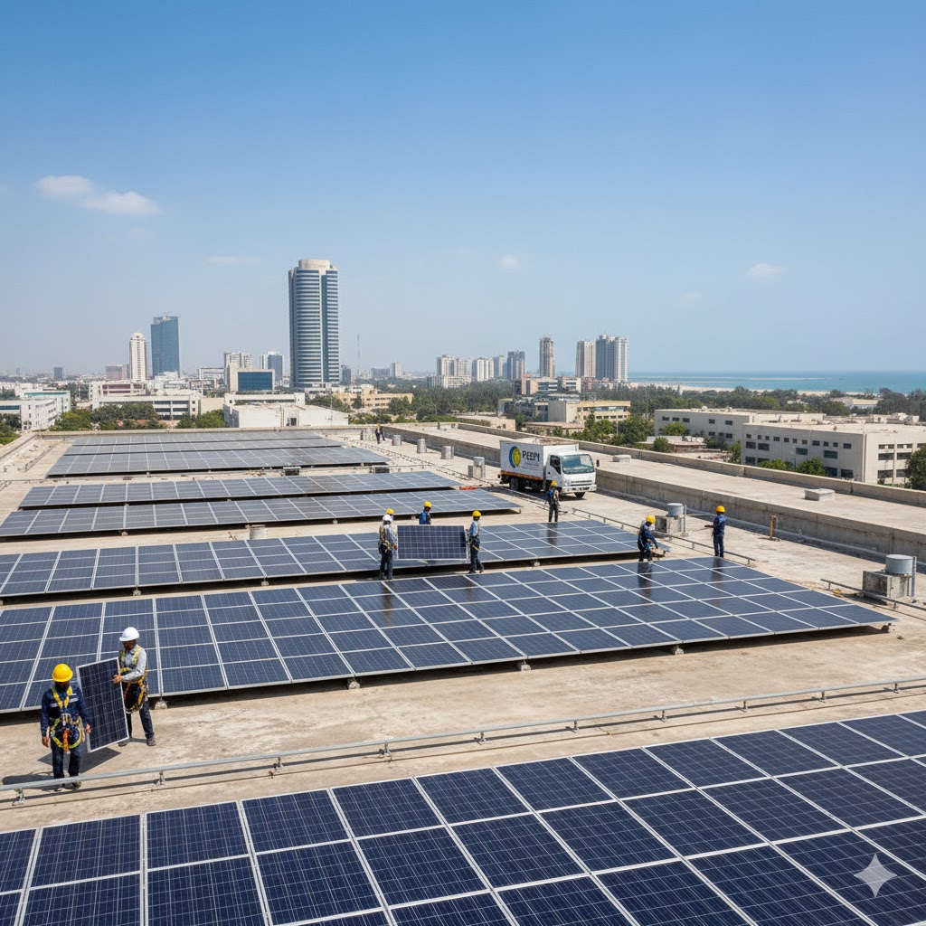 Reon Energy installing solar panels on corporate factory rooftops in Karachi