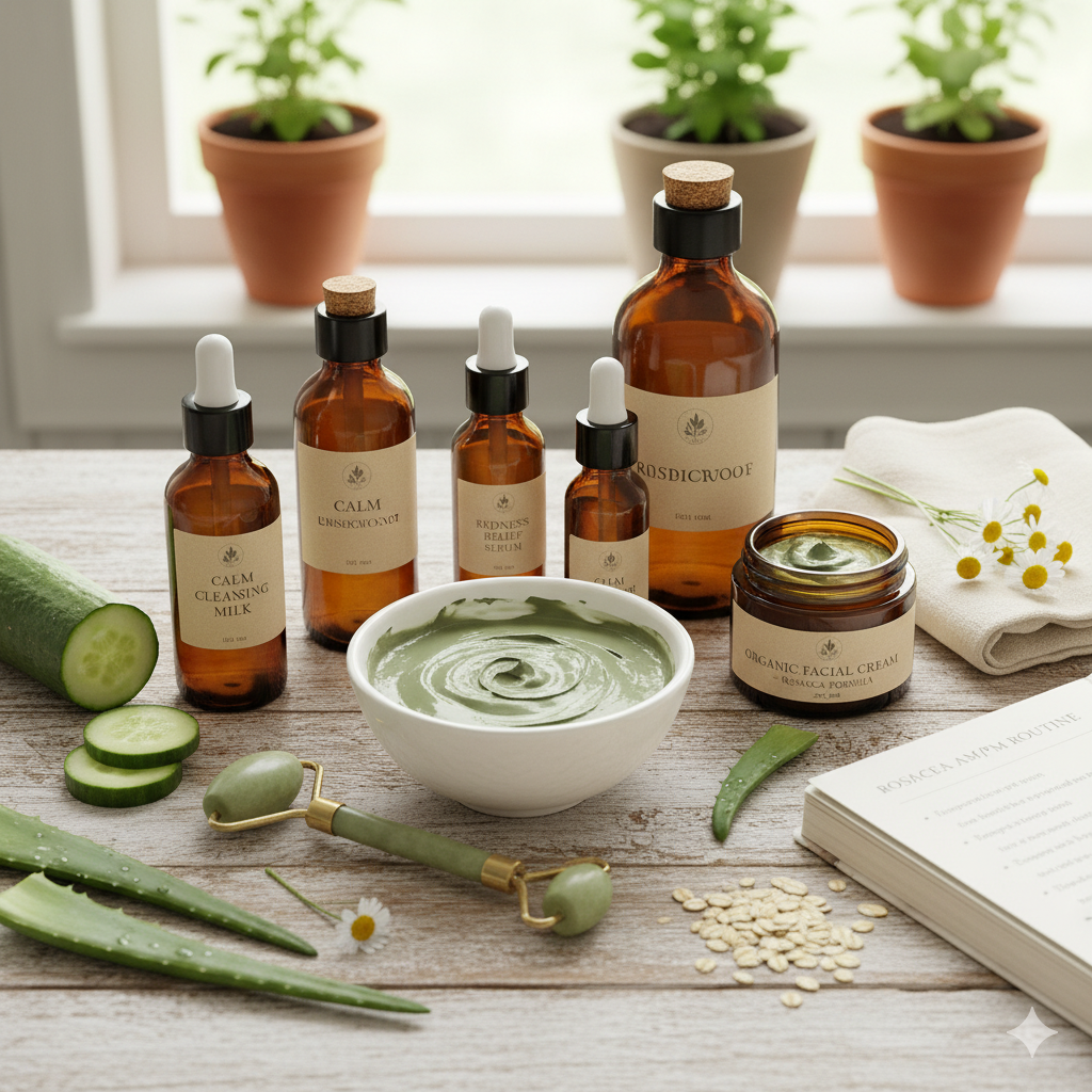 Rosacea skincare routine with organic products