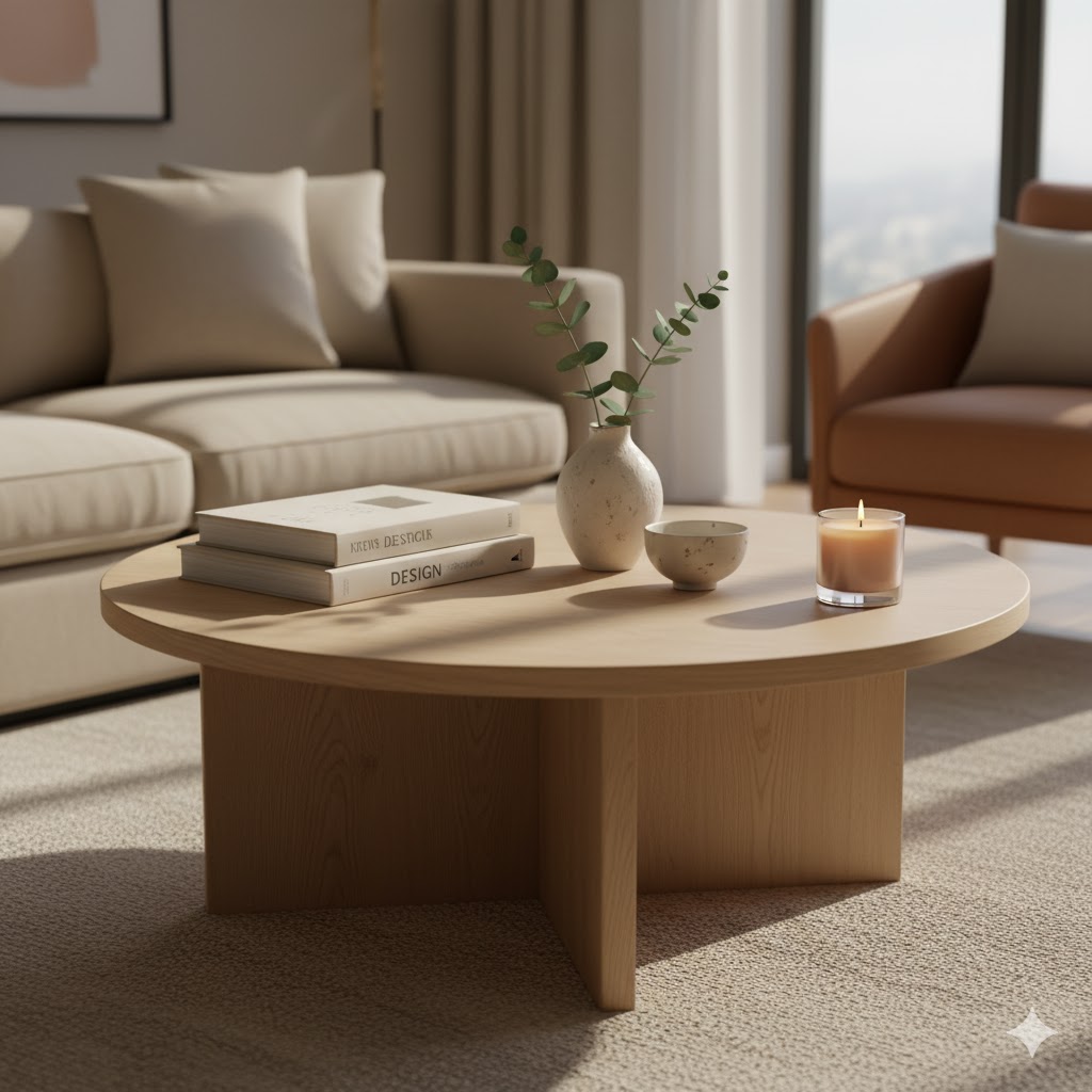 Round coffee table styled using pie layout method.