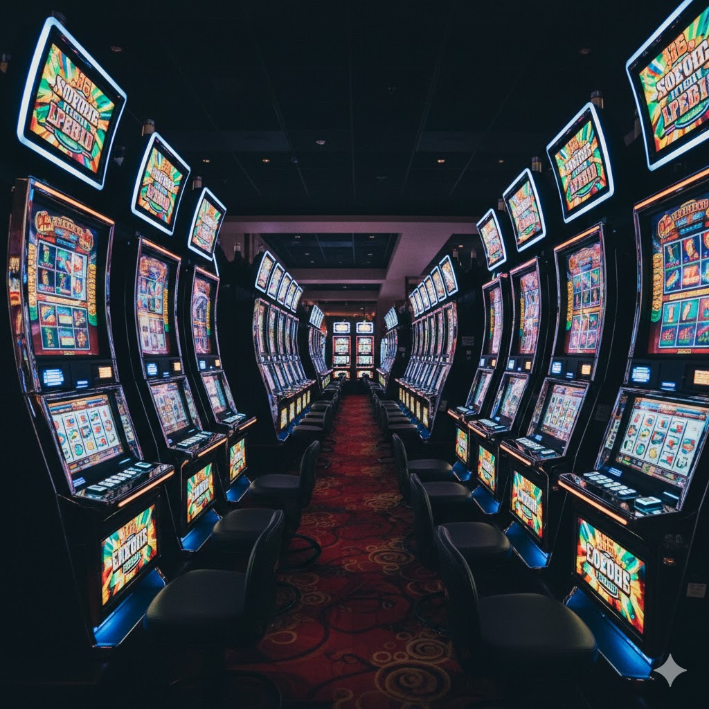 Rows of colorful slot machines glowing with hypnotic LED light patterns.