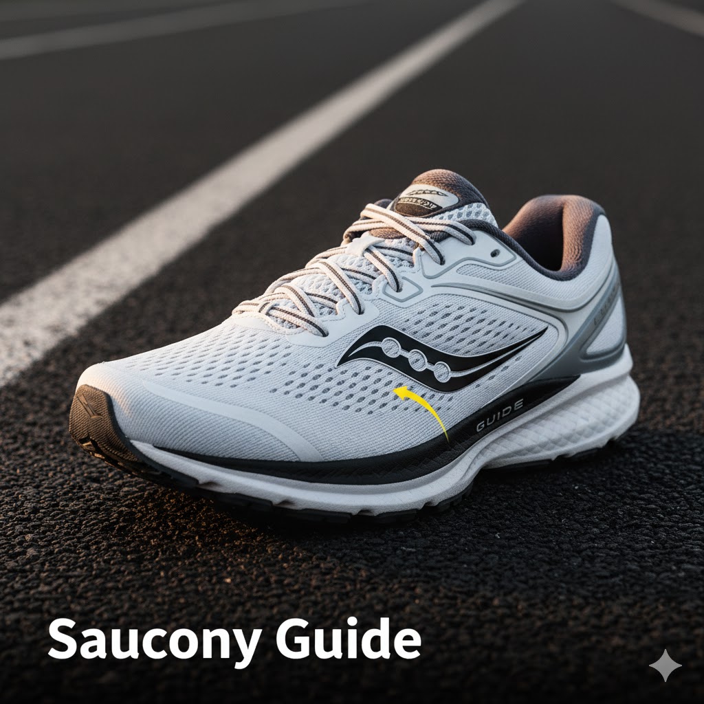 Saucony Guide stability running shoe demonstrating its medial guidance frame and cushioning