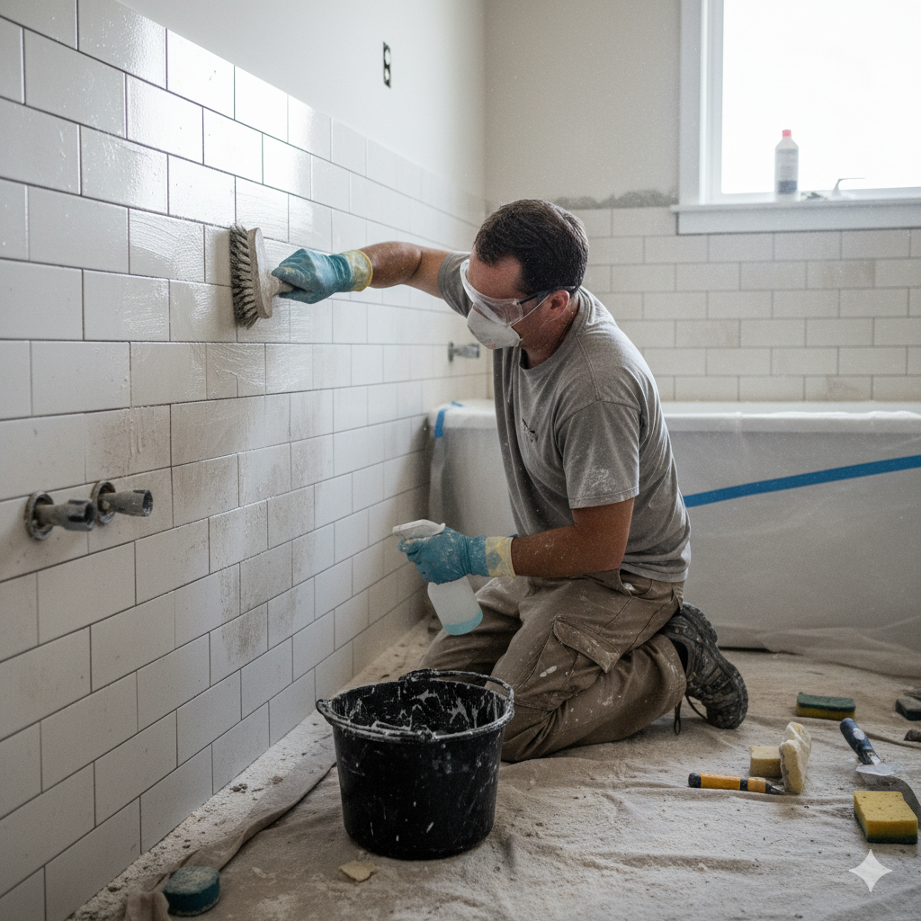 Scrubbing bathroom tiles to remove post-construction residue