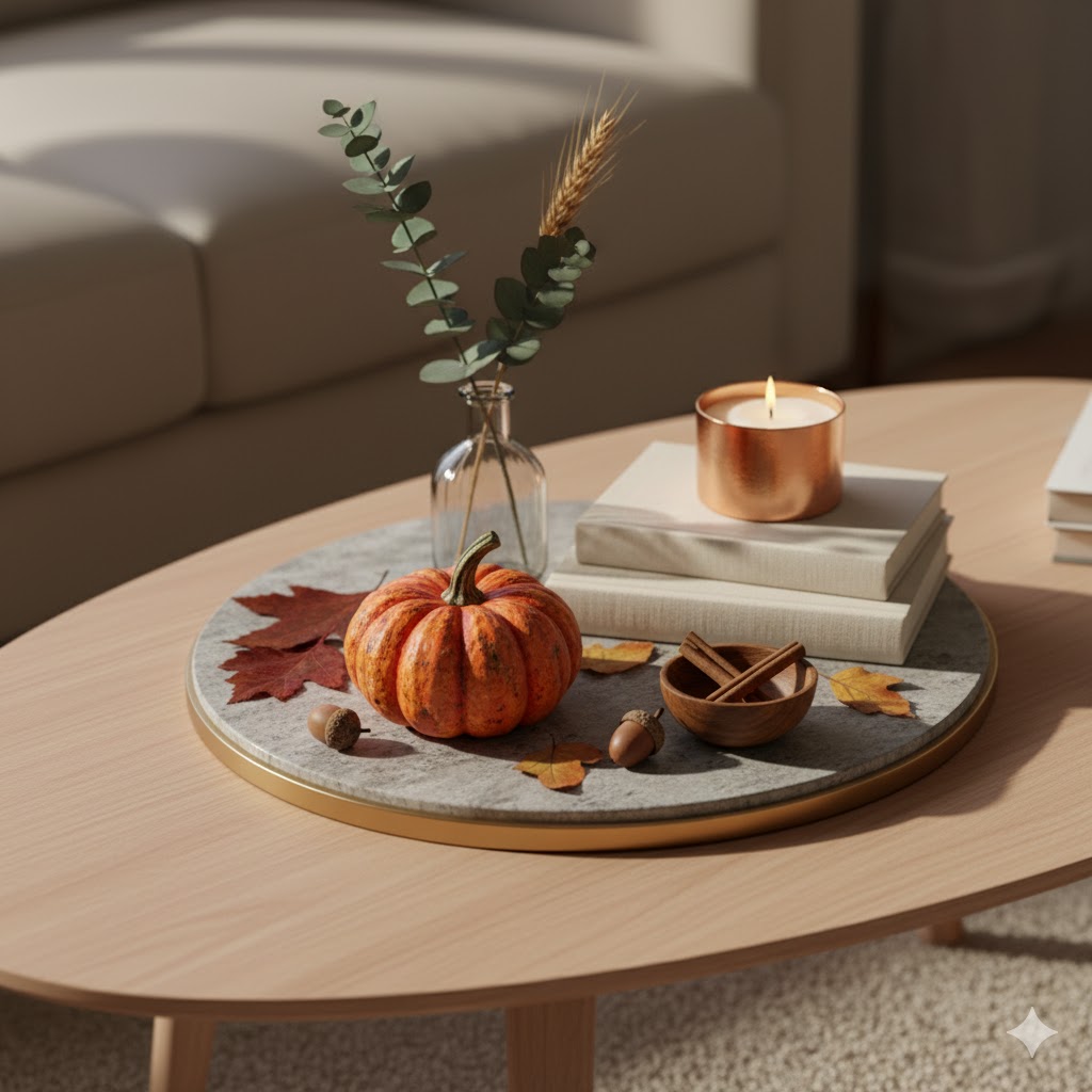 Seasonal pumpkin and autumn-themed decor on coffee table