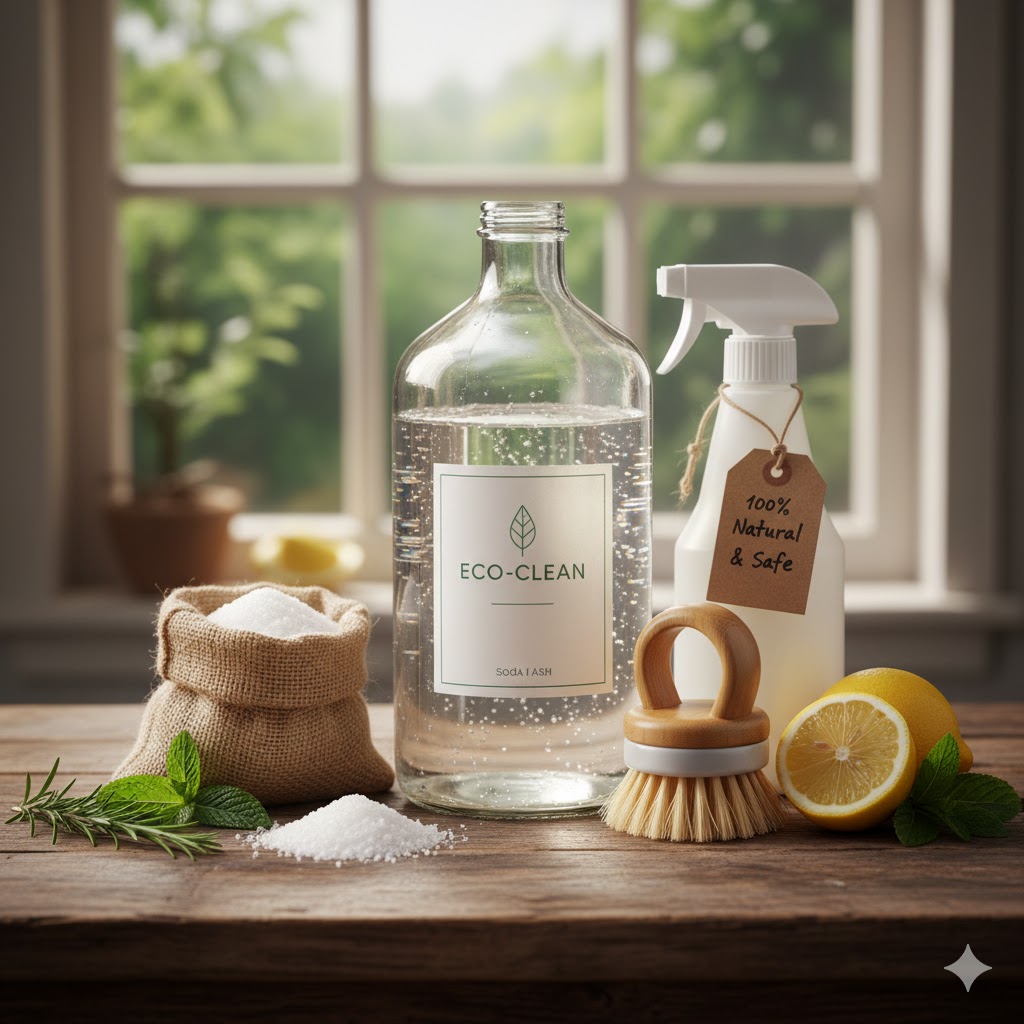 Set of eco-friendly water tank cleaning products on a wooden table