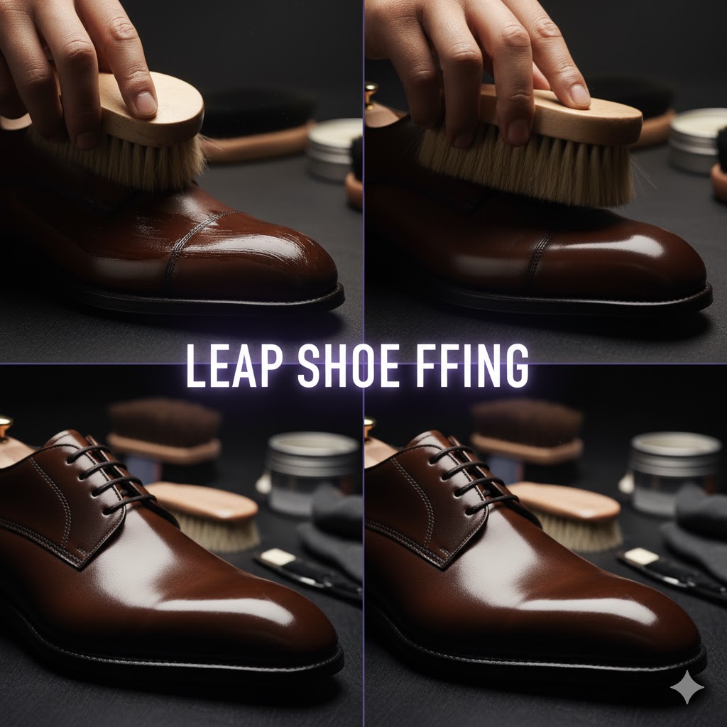 Shoe polish applied evenly across a leather shoe, followed by buffing with a brush