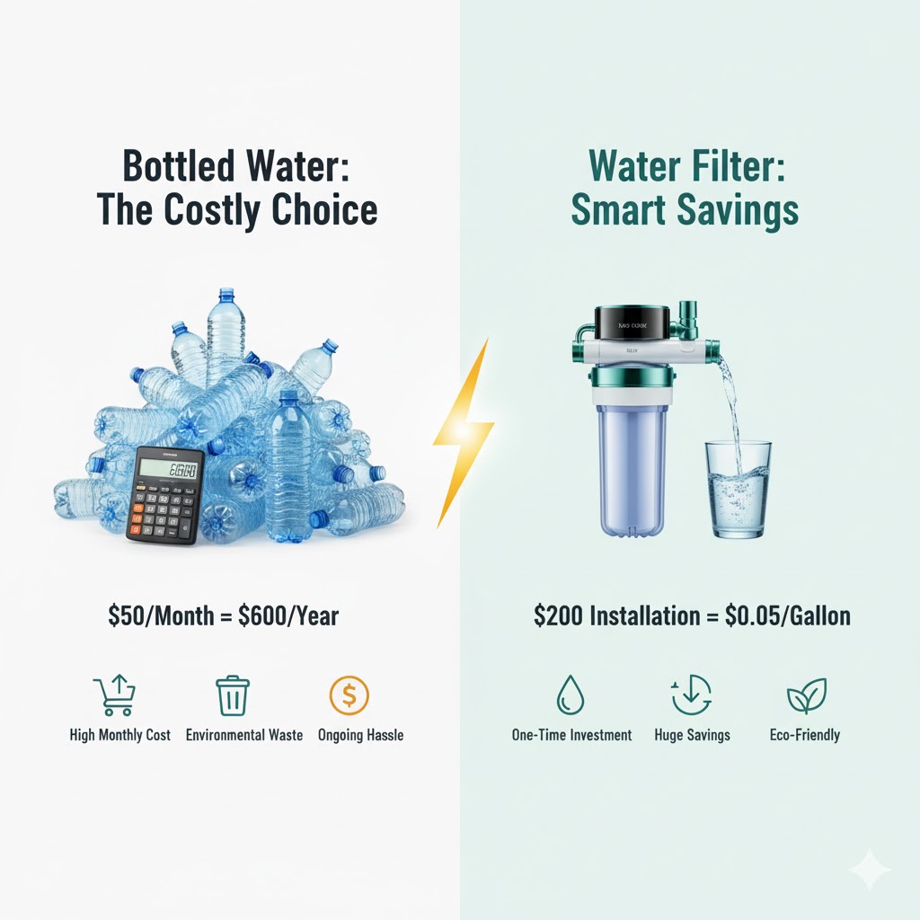 Side-by-side comparison of bottled water expenses vs. filter installation savings. Side-by-side comparison of bottled water expenses vs. filter installation savings.