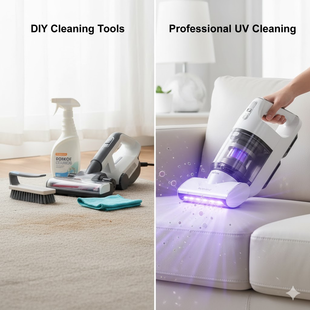 Side-by-side comparison showing DIY cleaning tools vs. professional UV cleaning equipment.