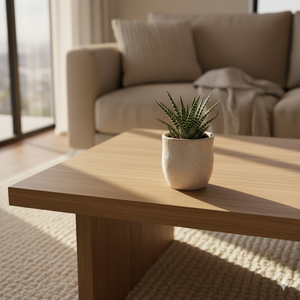 Small plant in decorative pot adding natural texture to coffee table.