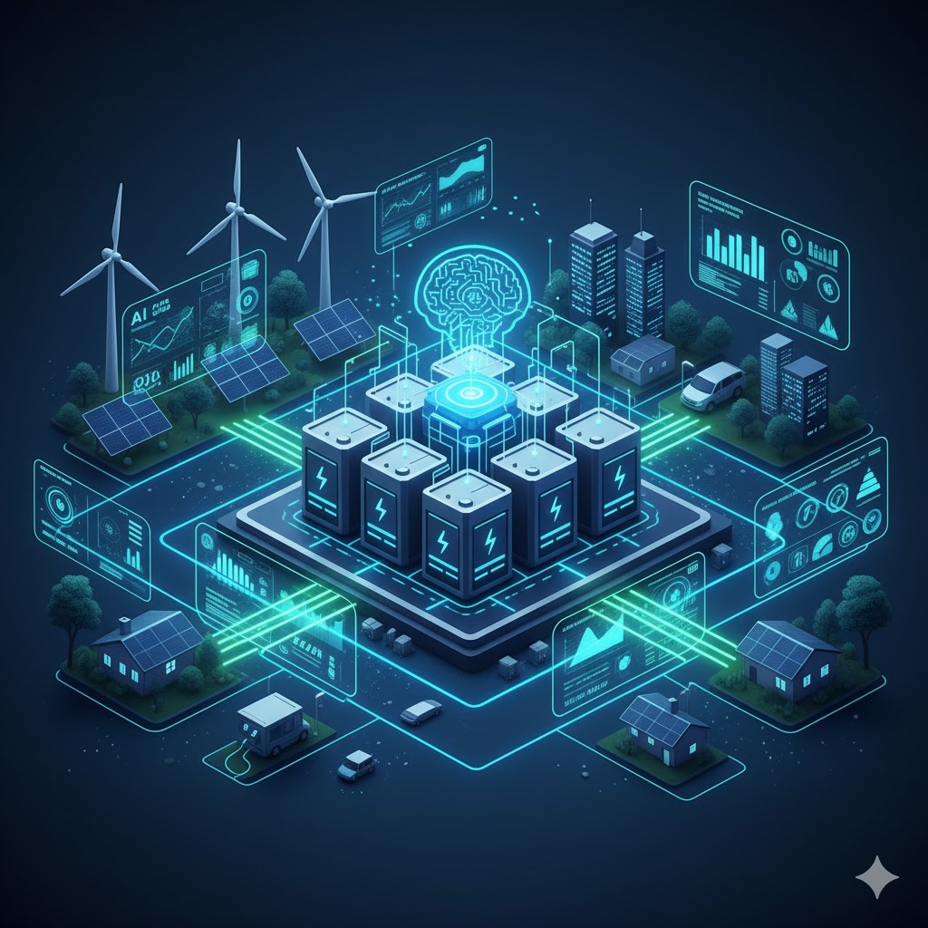 Smart energy grid showing battery storage and AI-based monitoring system Smart energy grid showing battery storage and AI-based monitoring system
