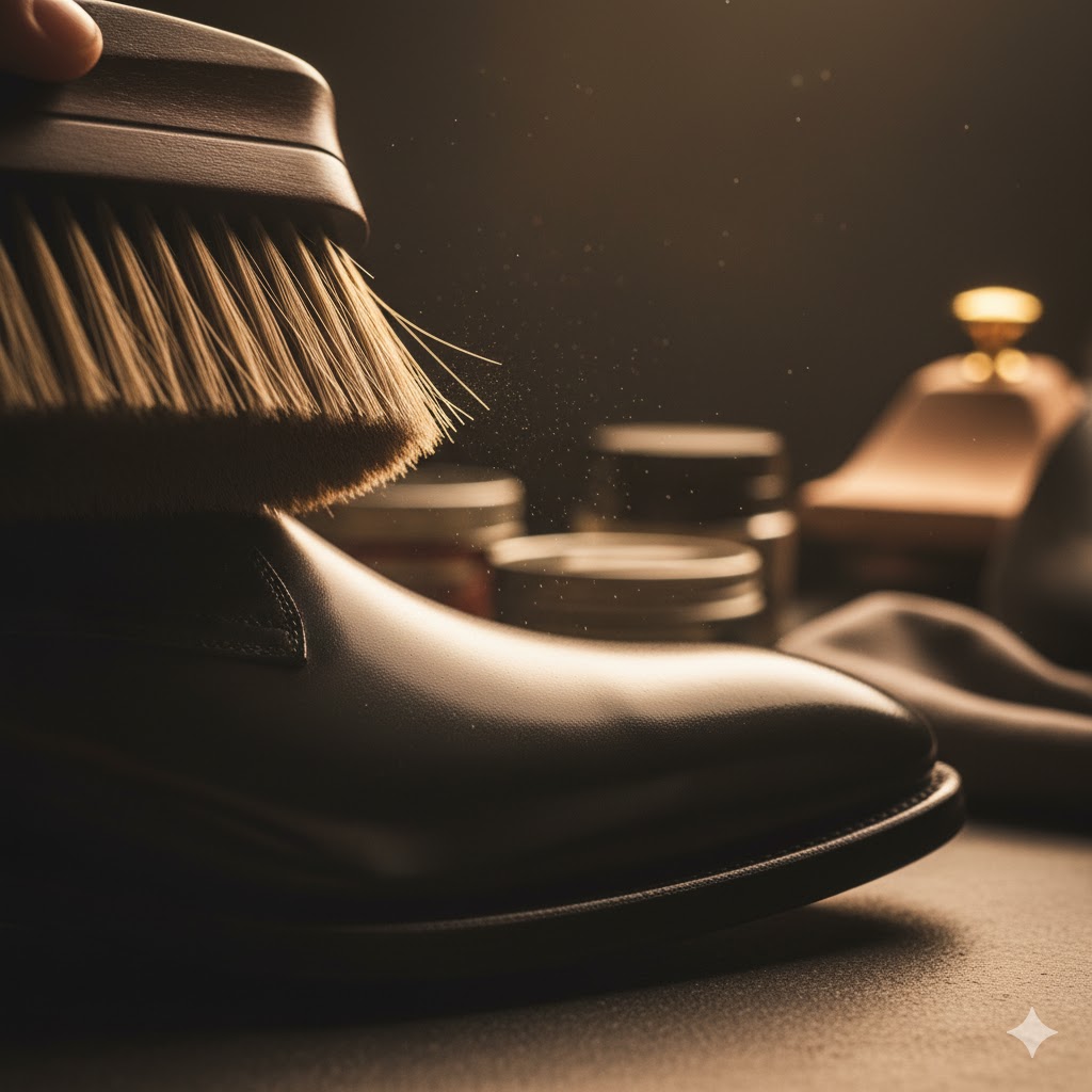 Soft-bristled brush removing dust from a pair of black leather shoes
