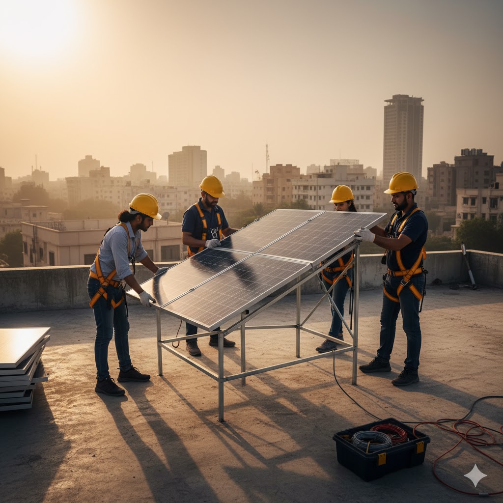 Solar installation team placing panels on a Karachi rooftop
