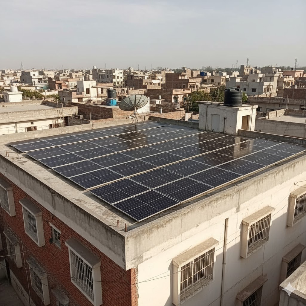 Solar panels covering entire rooftop of a medium Karachi home