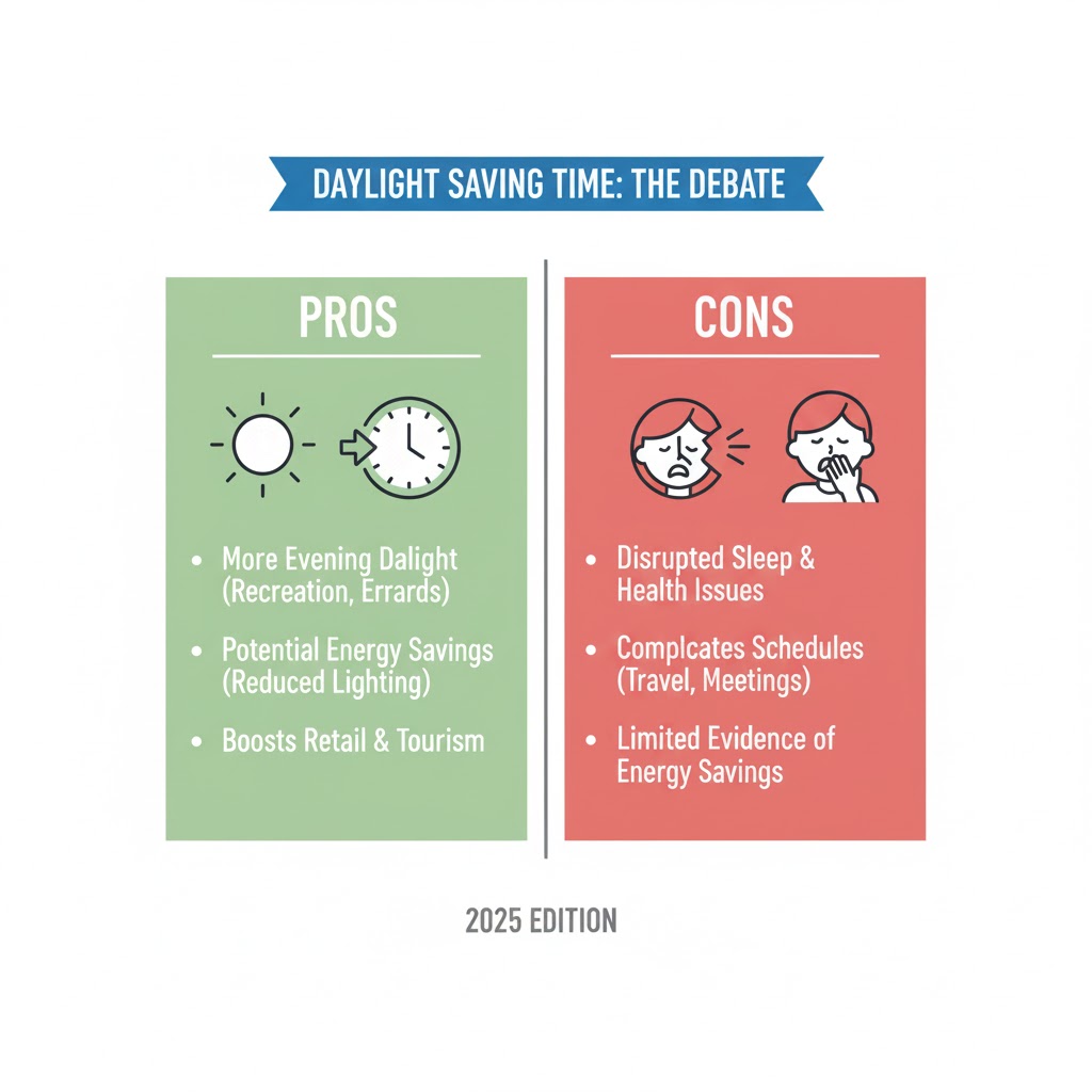 Split infographic comparing the pros and cons of Daylight Saving Time 2025