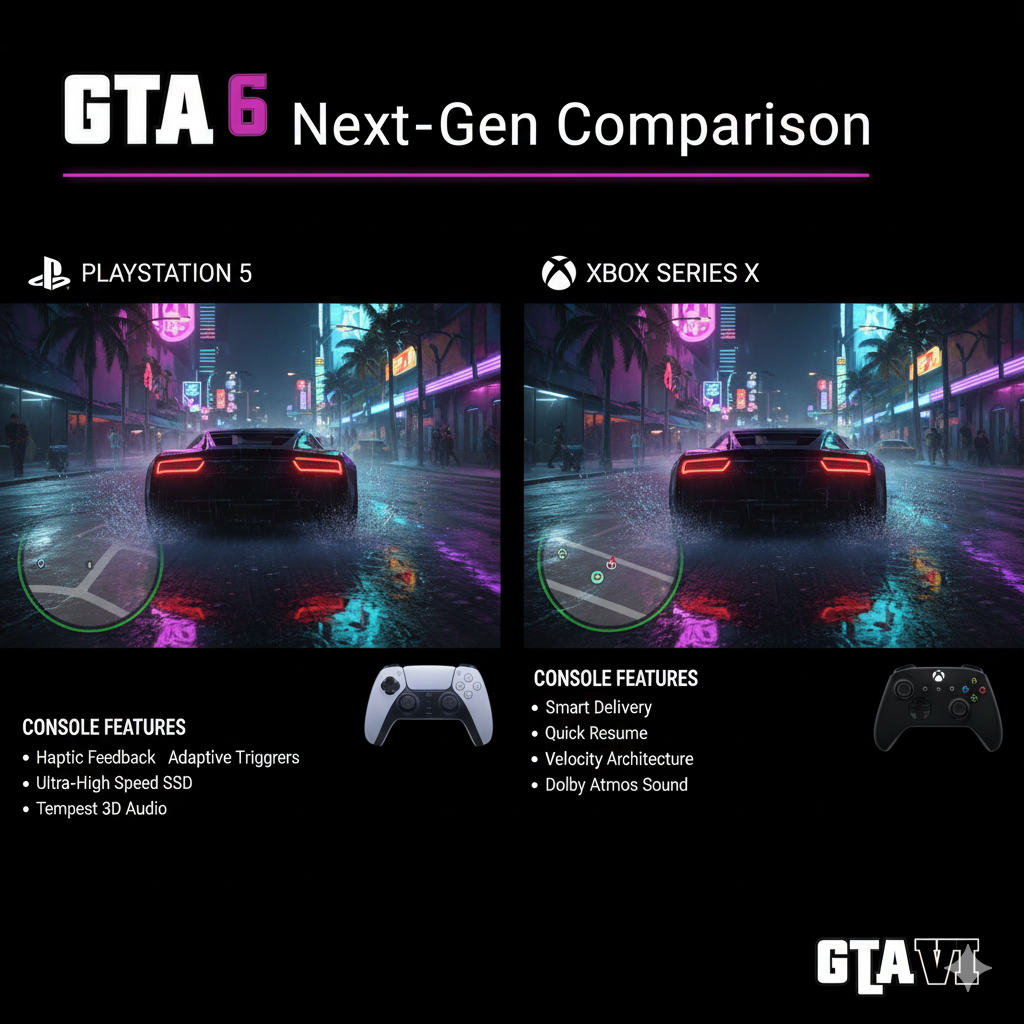 Split-screen comparison of GTA 6 running on PS5 and Xbox Series X showing graphical parity and console features Split-screen comparison of GTA 6 running on PS5 and Xbox Series X showing graphical parity and console features