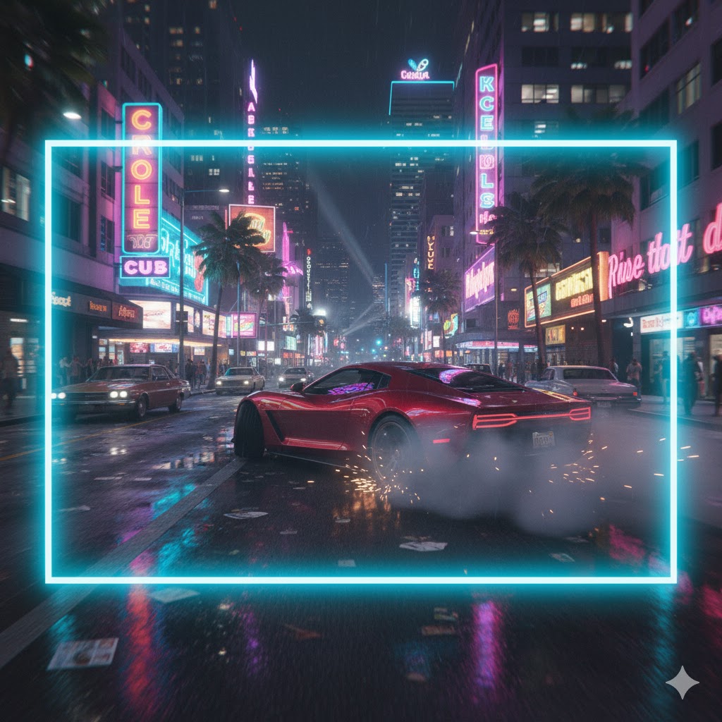 Sports car drifting through neon Vice City streets in GTA 6
