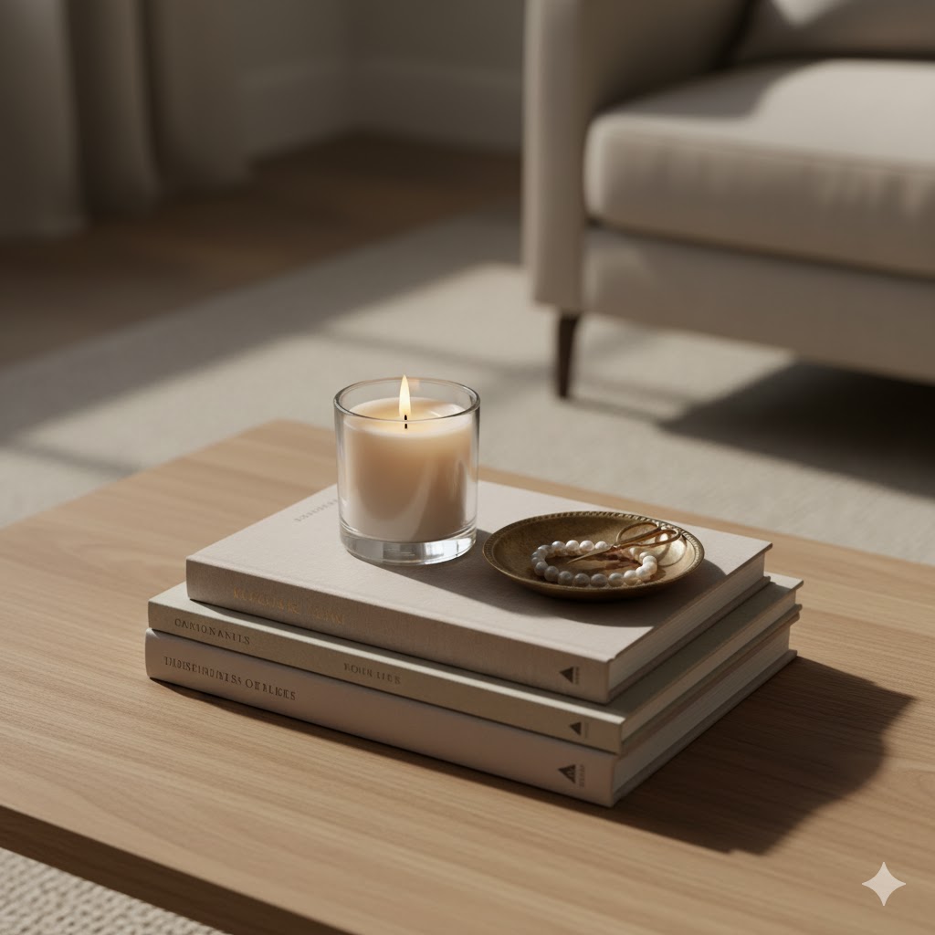 Stacked coffee table books with candle and small accessory on top
